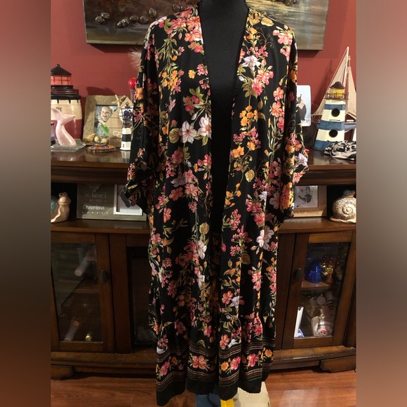 Other - Black Floral Kimono Robe with Pink & Yellow Blooms